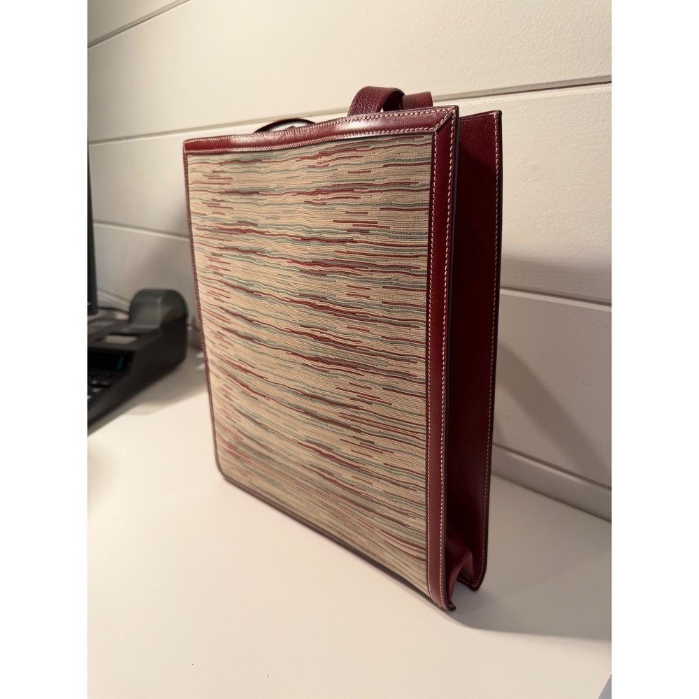 Hermes Vintage Tote Bag Burgundy Red Leather Woven Textile Striped Made in Franc - Picture 11 of 11